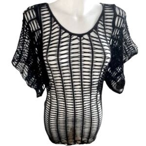 Bebe Solid Black Mesh Fishnet Bat Wing Sleeves Mini Dress / Swim Cover Up Small